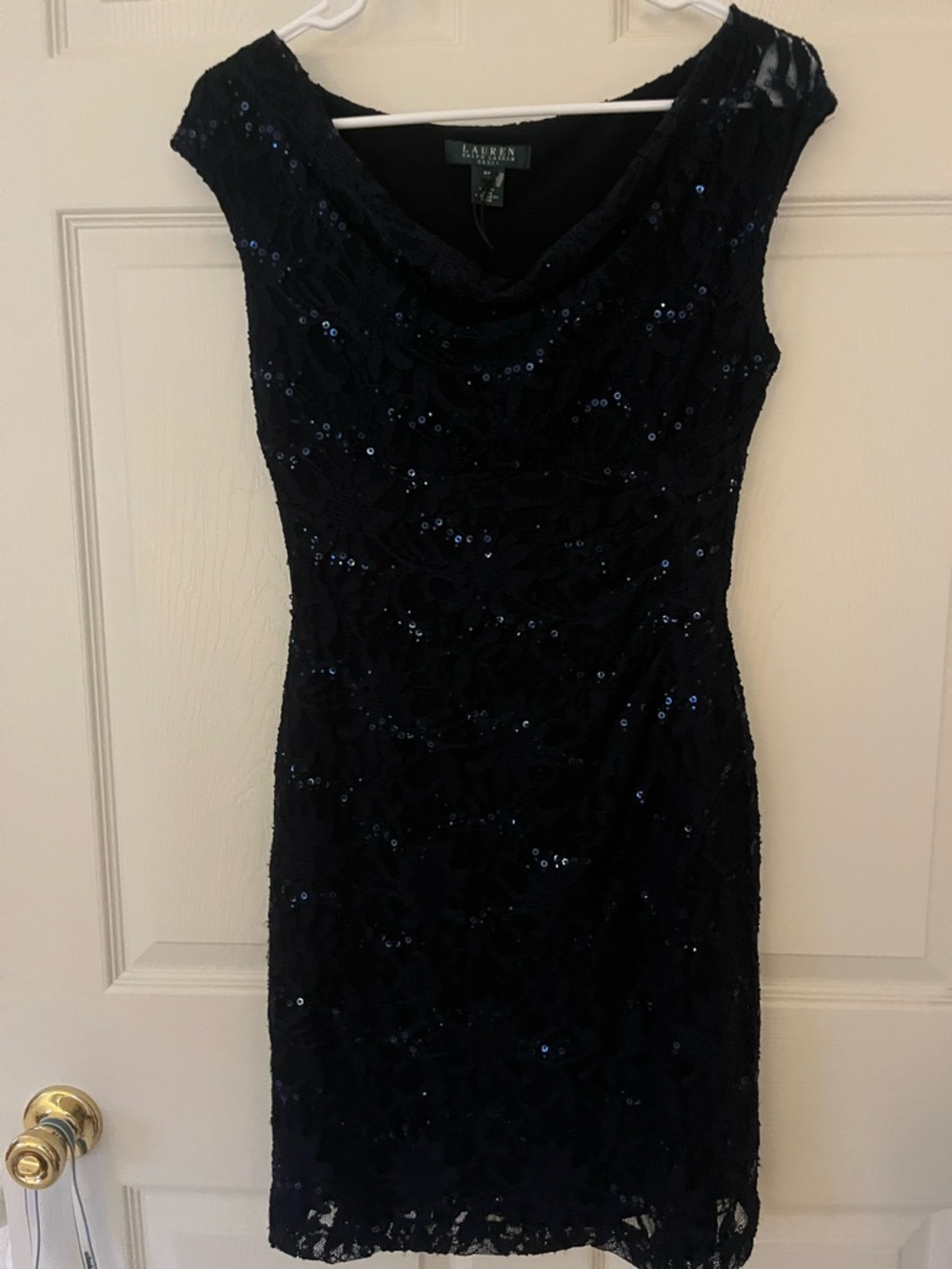 Ralph Lauren Navy Sequin Lace Midi Sheath Dress